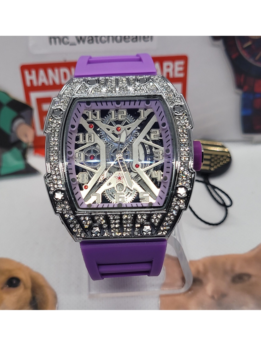 446 AJ Tonneau Skeleton Dial Quartz Wristwatch Purple Silicone Strap Silver
